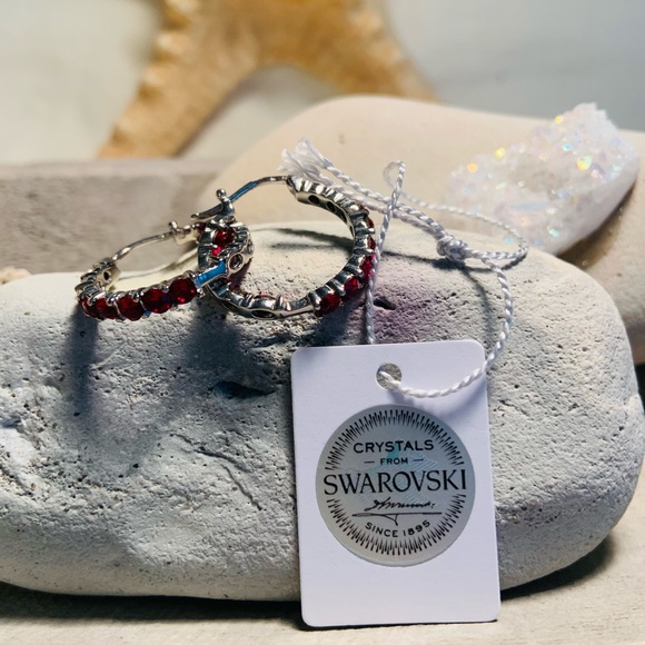 SWAROVSKI  Siam Crystal Hoops in SS - Picture 7 of 9